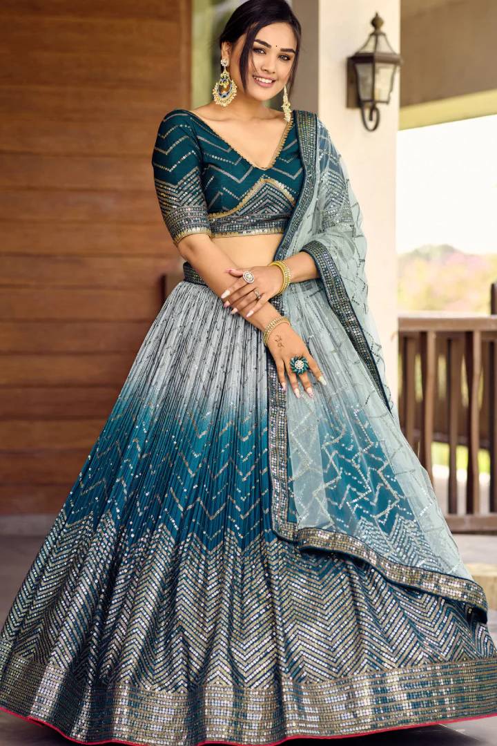 Chinon Silk Zari Embroidered Work Designer Teal Blue Lehenga Choli
