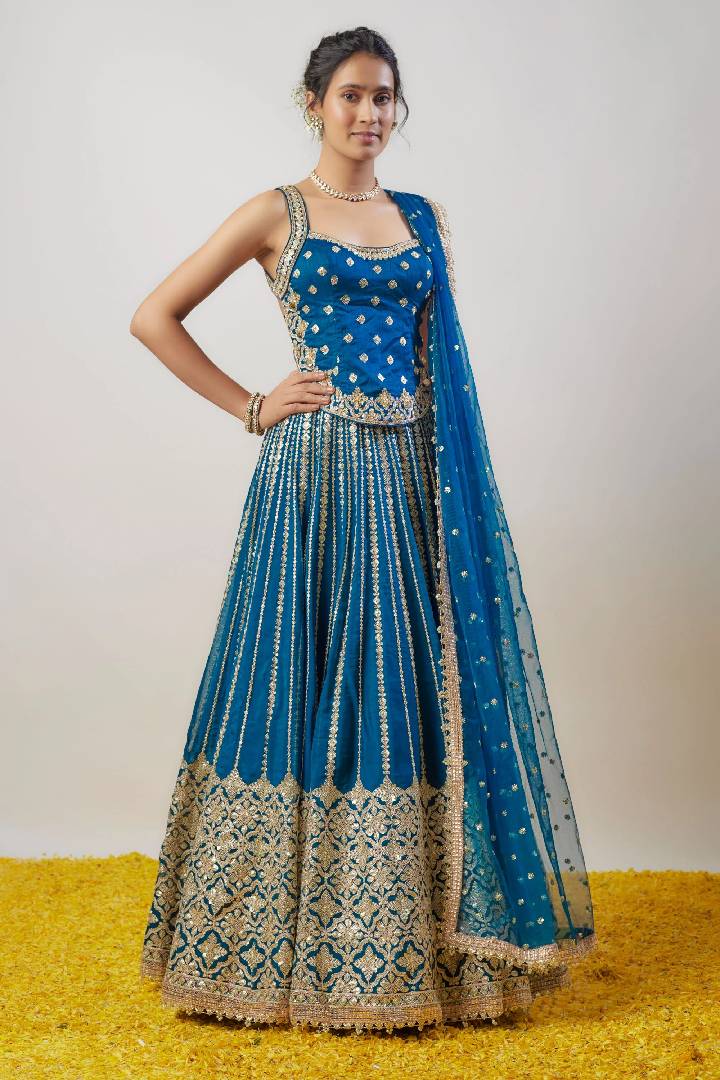 Chinon Silk Zari Embroidered Work Designer Teal Blue Lehenga Choli